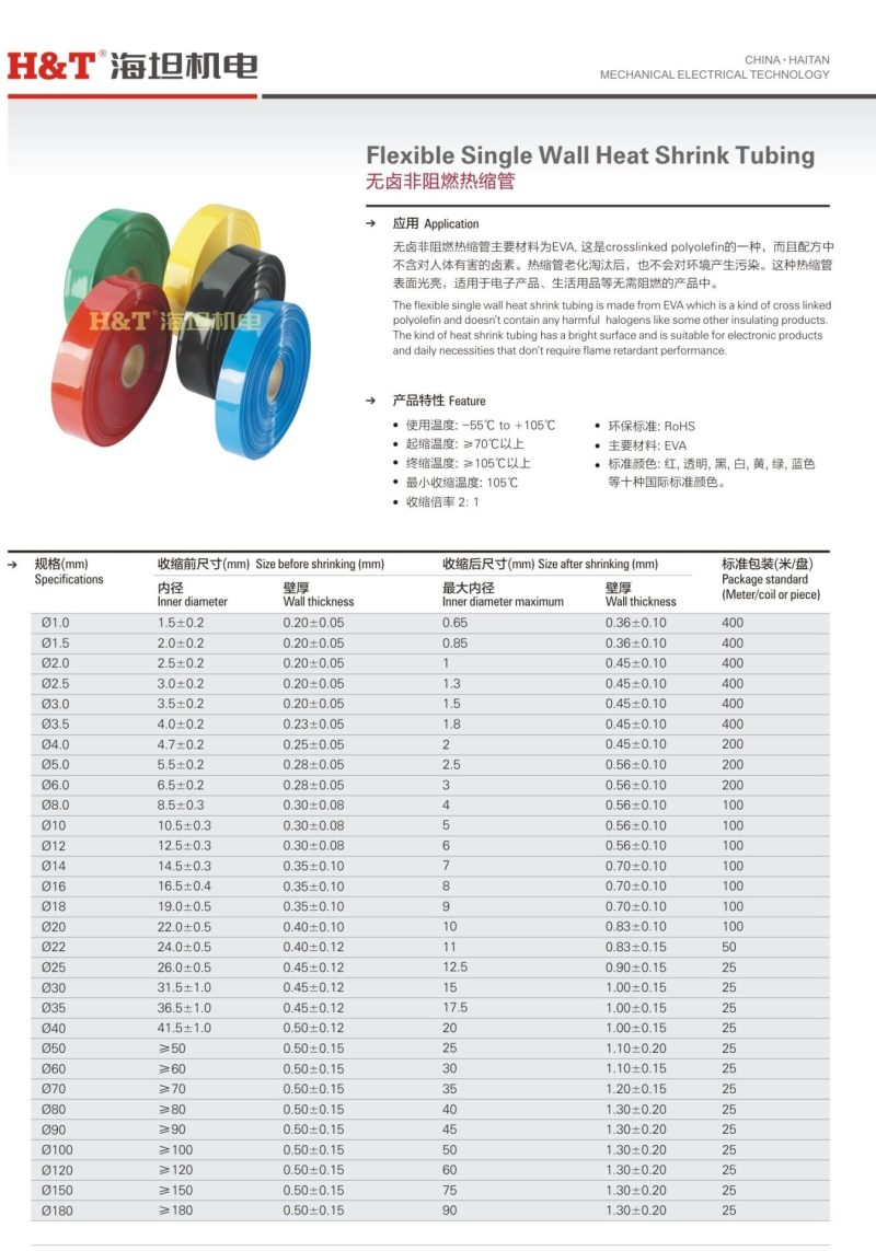 Halogen Free Flame Retardant Heat Shrinkable Tube size