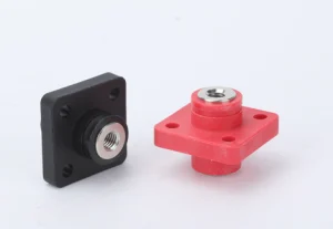 Front view of red and black energy storage connector
